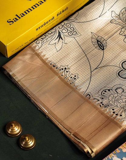 Cream Sandal Semi Tussar Fancy Saree With Contrast Light Violet Fancy Border