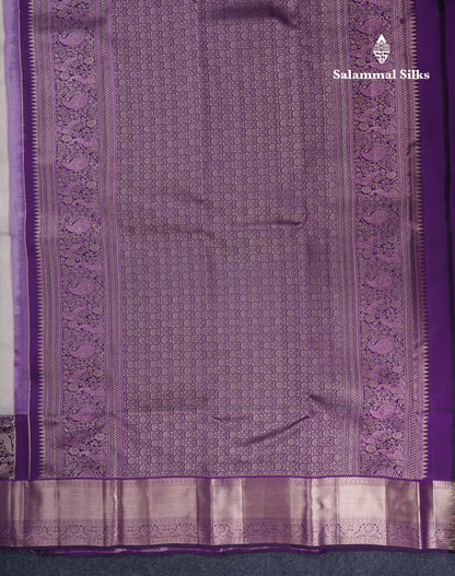 Cream White Fancy Bridal Pure Kanjivaram Silk Saree With Contrast Dark Purple Traditional Border