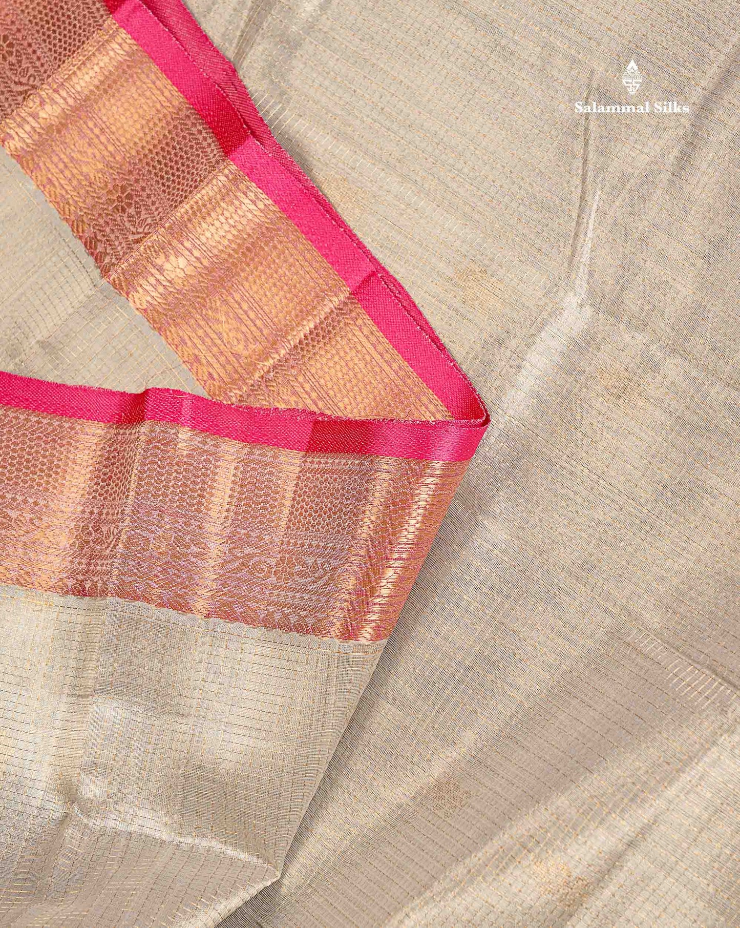 Pure Silk Cotton Saree - Grey White Small Zari Checks With Butta Along With Contrast Pink Traditional Evening Morning Border