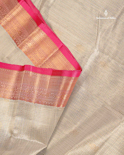 Pure Silk Cotton Saree - Grey White Small Zari Checks With Butta Along With Contrast Pink Traditional Evening Morning Border