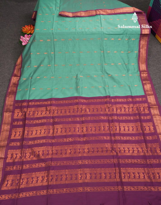 Saffire Green Kalyani Cotton Saree With Contrast Purple Border