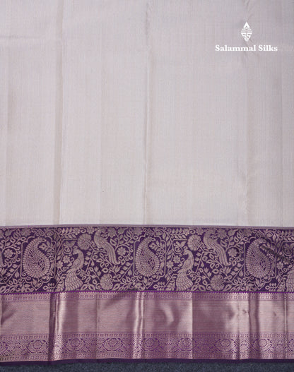 Cream White Fancy Bridal Pure Kanjivaram Silk Saree With Contrast Dark Purple Traditional Border