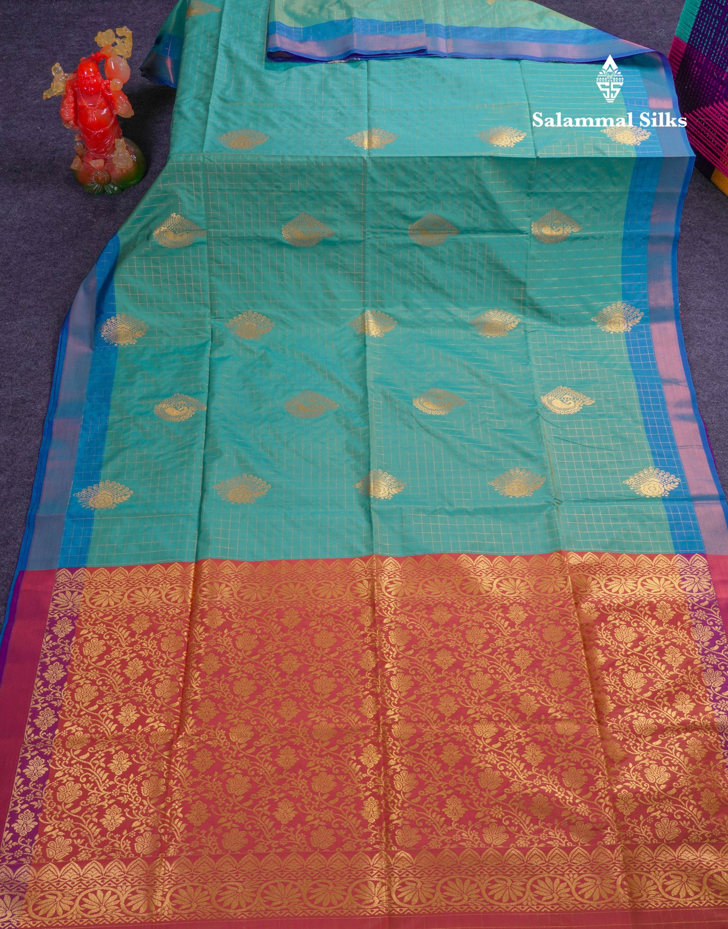 Beautiful Light Rexona Green Zari Checks With Butta Soft Silk Mix Saree With Contrast Dark Purple Blouse