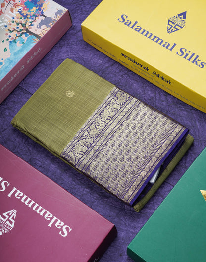 Olive Green Small Zari Checks Pure Kanjivaram Silk Saree With Contrast Violet Border
