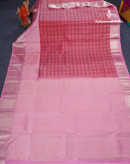 Beautiful Reddish Pink Fancy Bridal Pure Kanjivaram Silk Saree With Contrast Light Pink Border