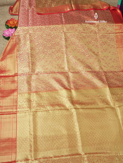 Light Orange Tissue Bridal Pure Kanjivaram Silk Saree With With Contrast Red Border