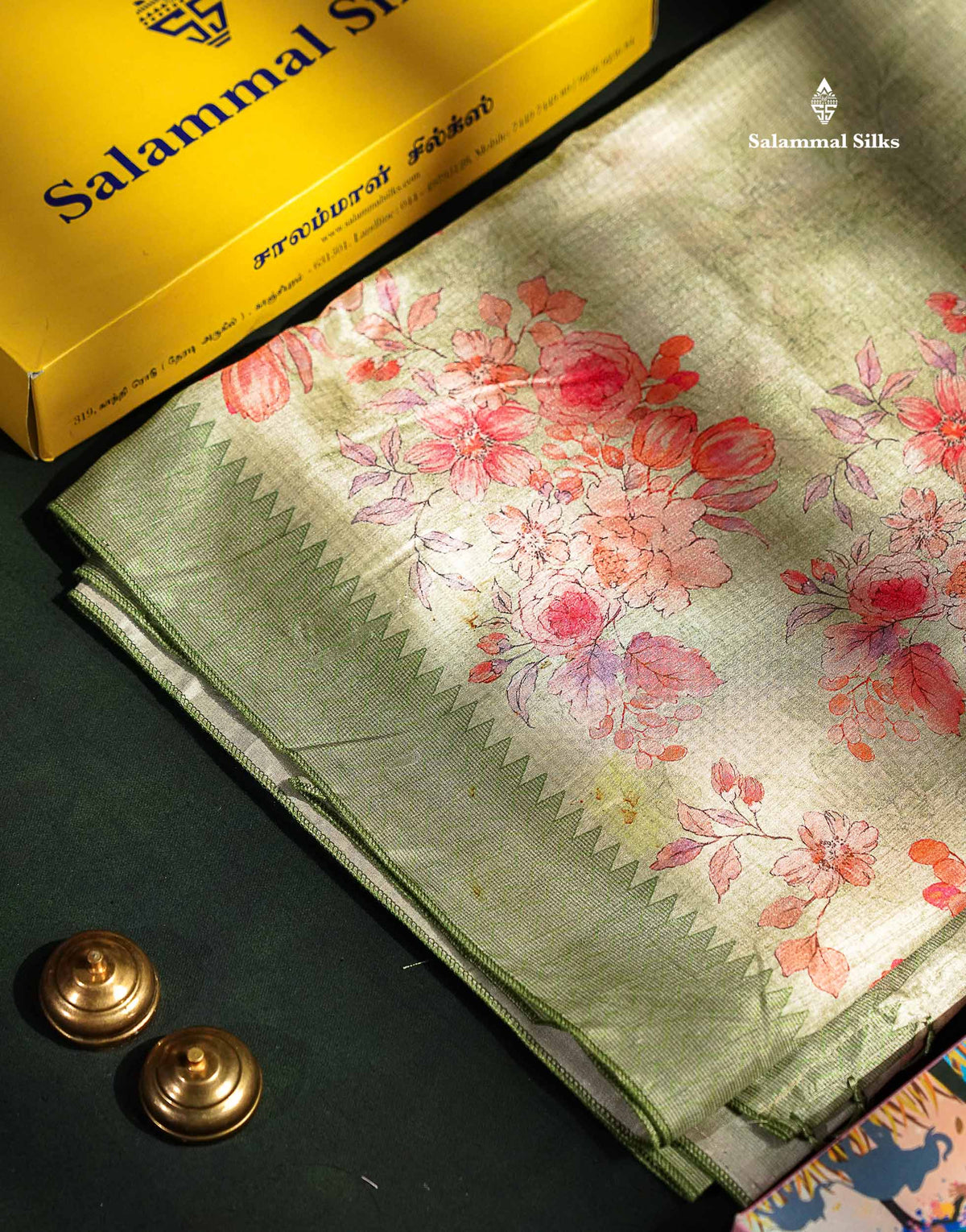 Semi Tussar Saree - Light Pista Green Plain Along With Floral Design & Contrast Light Green Border