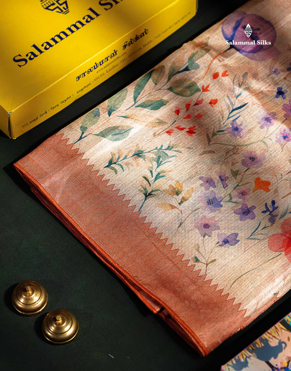 Semi Tussar Saree - Sandal Plain Along With Floral Design & Contrast Peach Border