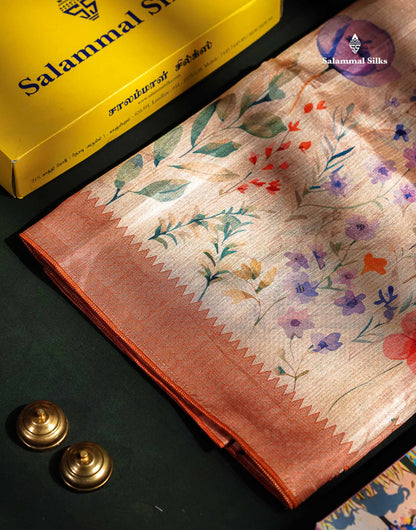 Semi Tussar Saree - Sandal Plain Along With Floral Design & Contrast Peach Border