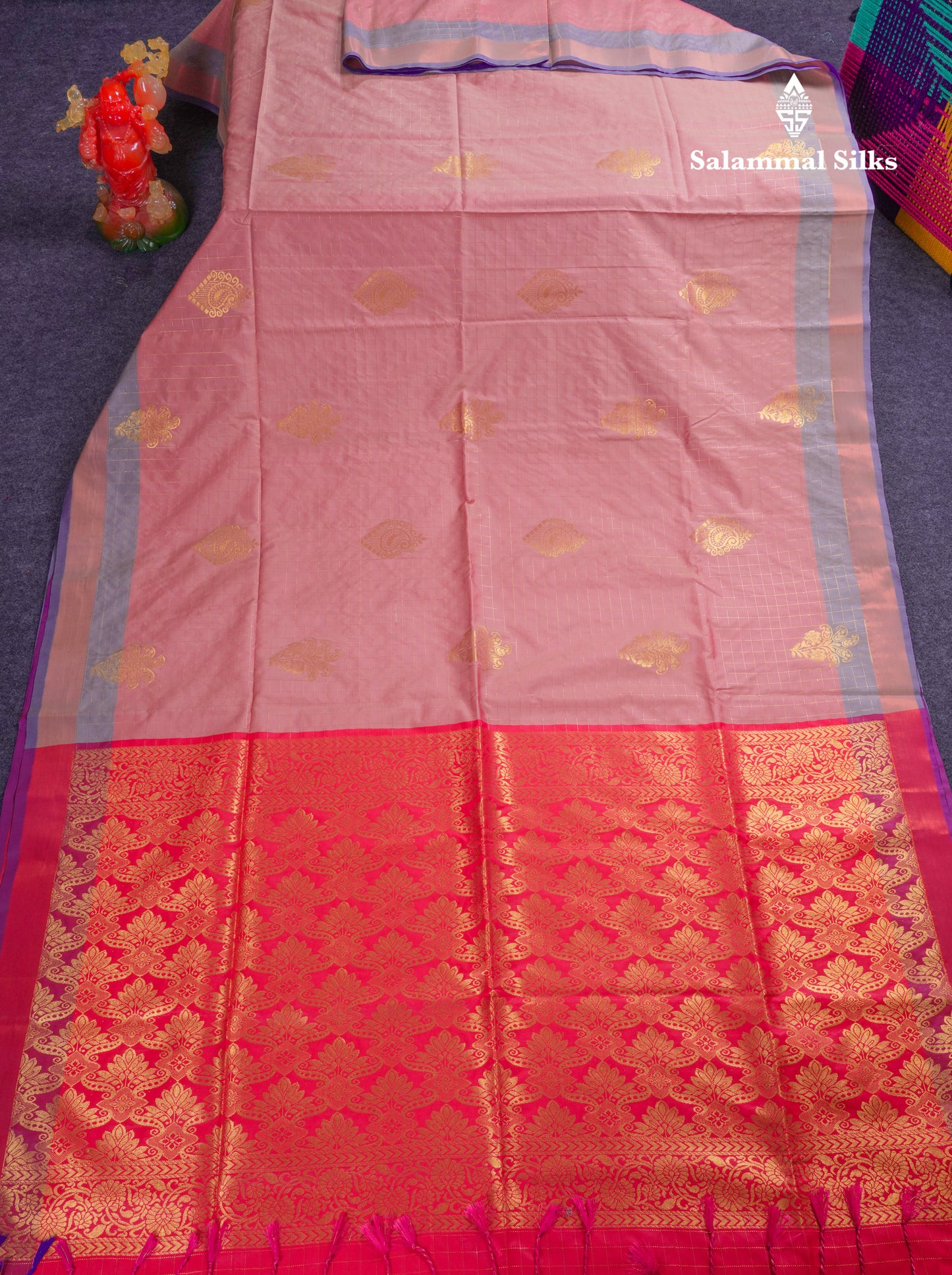 Beautiful Light Rexona Green Zari Checks With Butta Soft Silk Mix Saree With Contrast Dark Purple Blouse