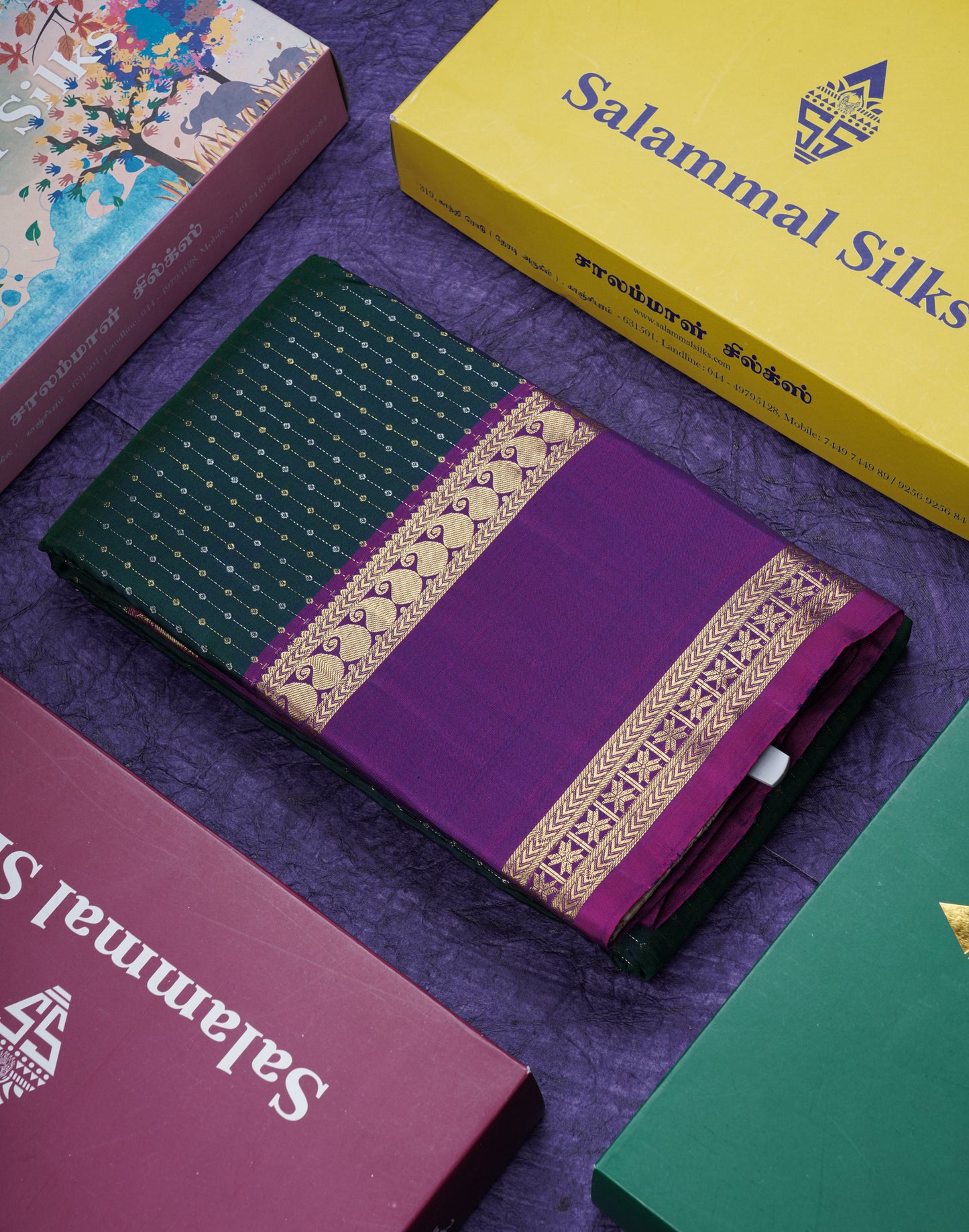 Dual Tone Peacock Green Pure Kanjivaram Silk Saree With Contrast Purple Double Border
