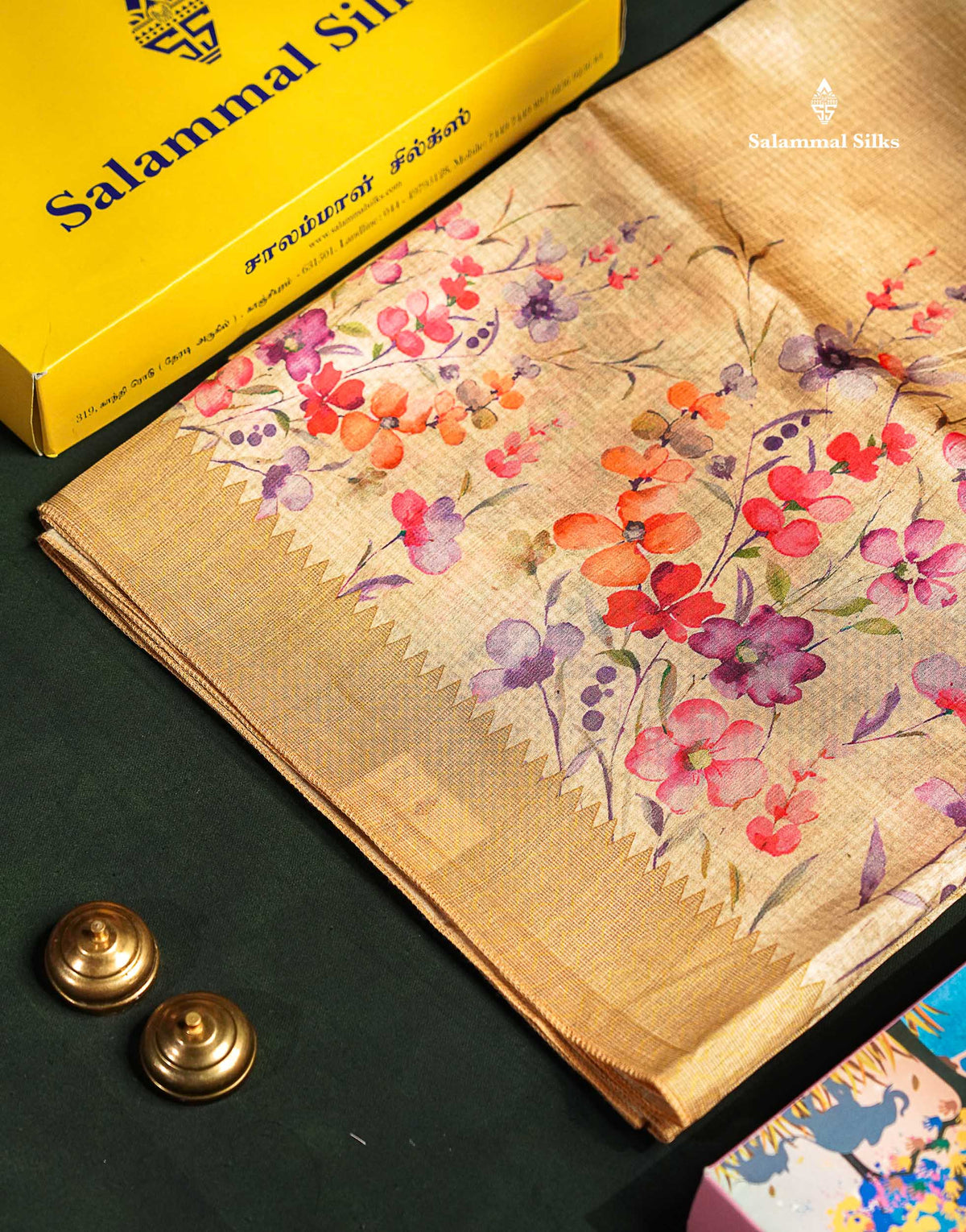 Semi Tussar Saree - Sandal Plain Along With Floral Design & Contrast Dark Sandal Border