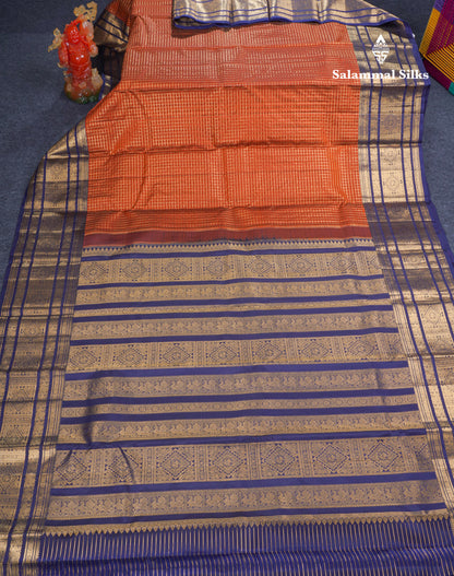 Rust Orange Small Zari Checks Pure Kanjivaram Silk Saree With Contrast Navy Blue Traditional Border