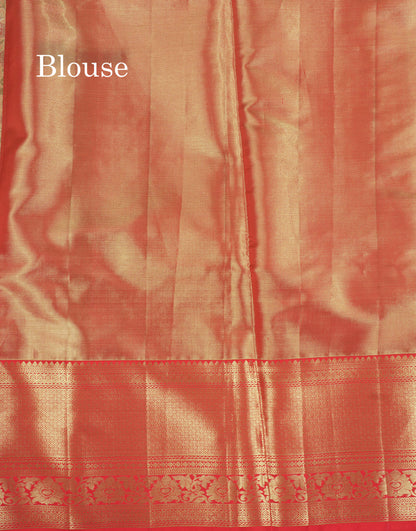 Light Orange Tissue Bridal Pure Kanjivaram Silk Saree With With Contrast Red Border