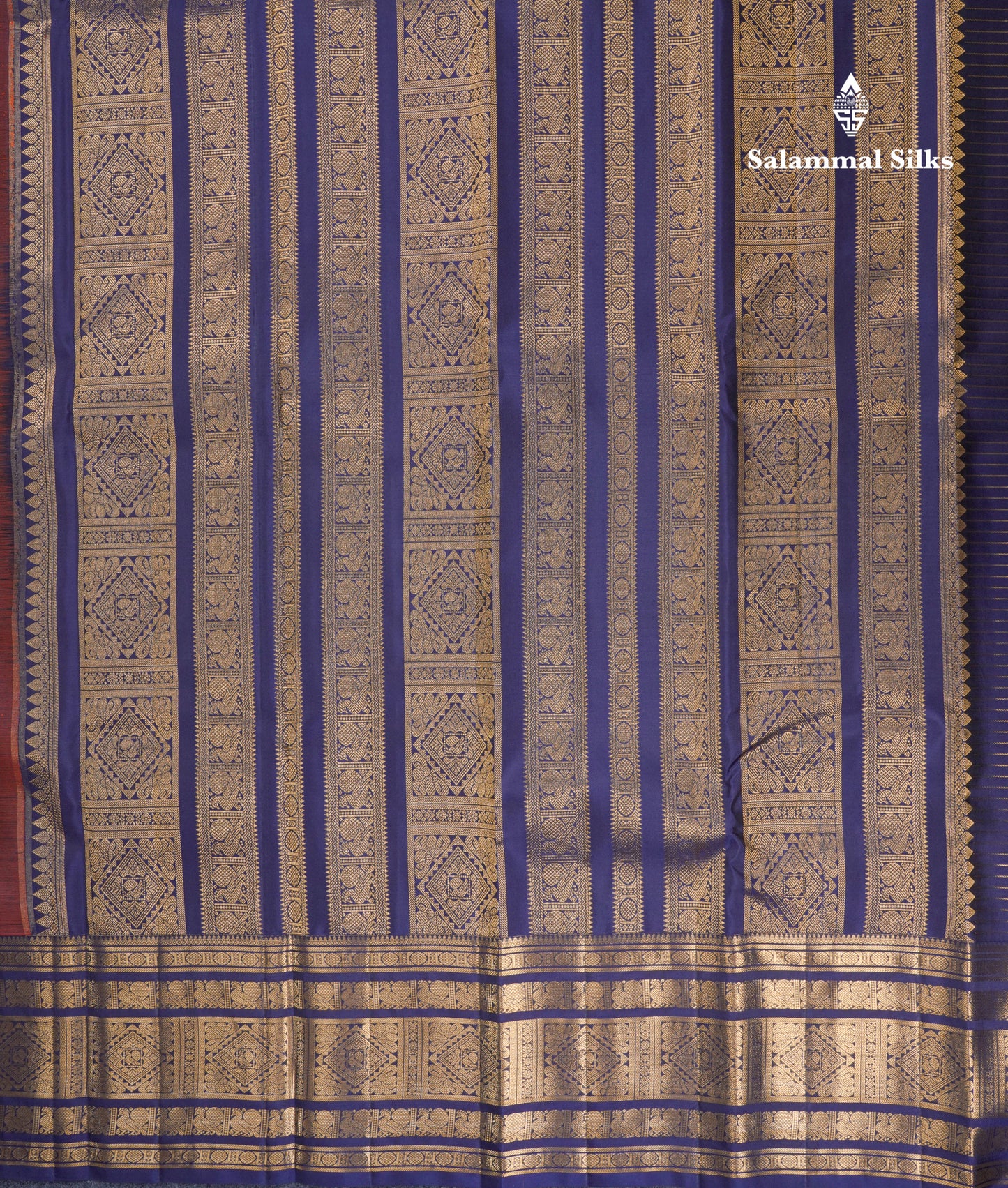 Rust Orange Small Zari Checks Pure Kanjivaram Silk Saree With Contrast Navy Blue Traditional Border