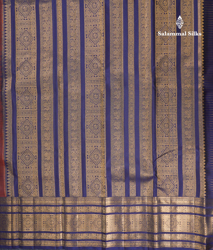 Rust Orange Small Zari Checks Pure Kanjivaram Silk Saree With Contrast Navy Blue Traditional Border