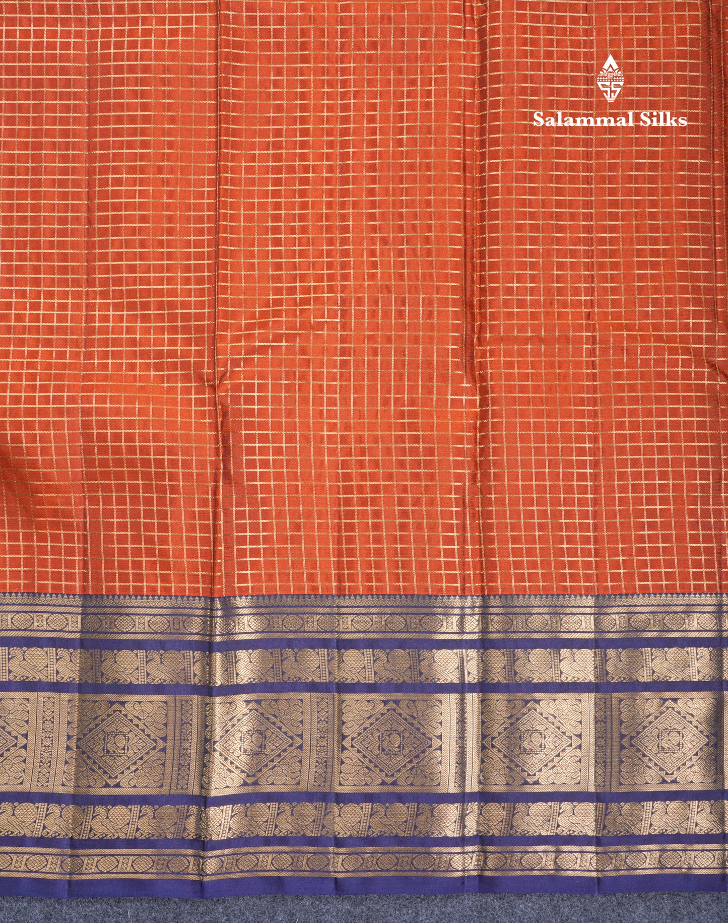 Rust Orange Small Zari Checks Pure Kanjivaram Silk Saree With Contrast Navy Blue Traditional Border