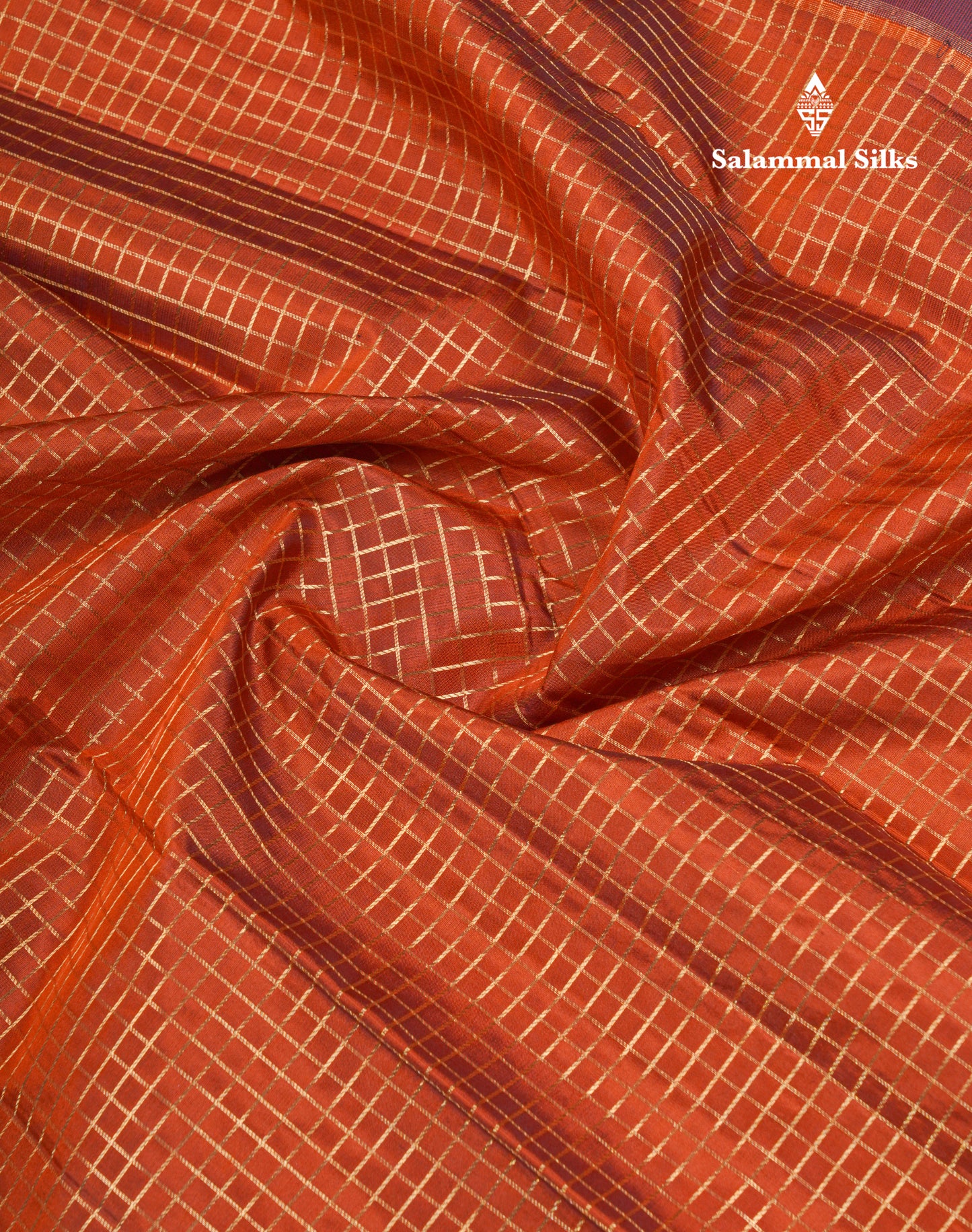 Rust Orange Small Zari Checks Pure Kanjivaram Silk Saree With Contrast Navy Blue Traditional Border