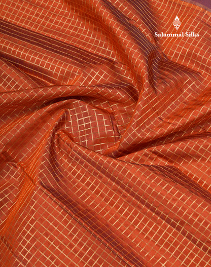 Rust Orange Small Zari Checks Pure Kanjivaram Silk Saree With Contrast Navy Blue Traditional Border