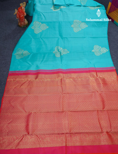 Beautiful Sapphire Blue Fancy Pure Kanjivaram Silk Saree With Contrast Pinkish Orange Blouse