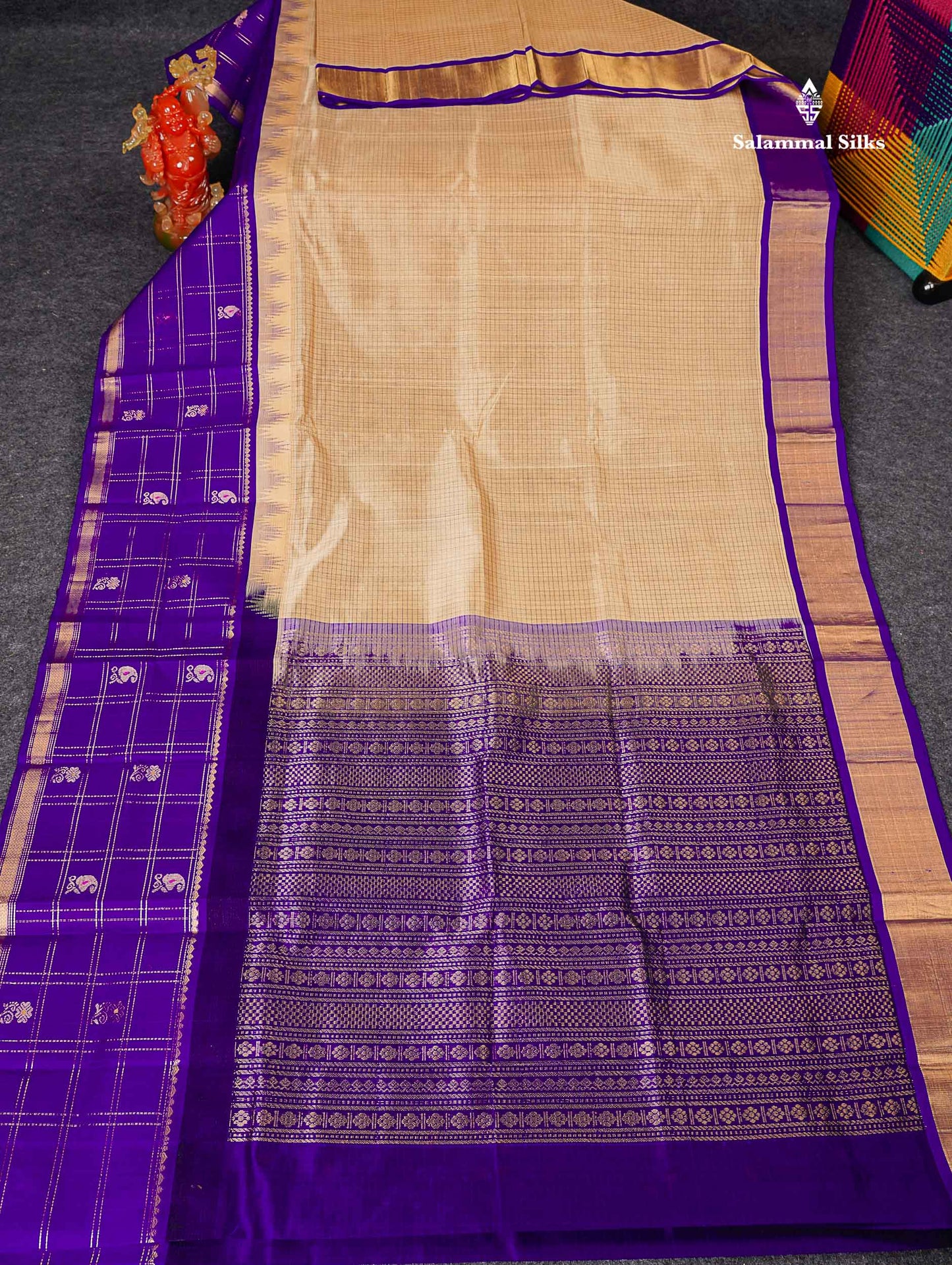 Pure Silk Cotton Saree - Cream Sandal Small Checks Along With Contrast Royal Purple Traditional Evening Morning Border