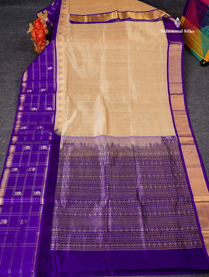 Pure Silk Cotton Saree - Cream Sandal Small Checks Along With Contrast Royal Purple Traditional Evening Morning Border