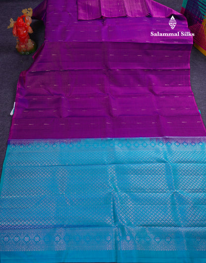 Beautiful Dark Purple Checks With Malli Moggu Butta Pure Kanjivaram Silk Saree With Contrast Sapphire Blue Blouse