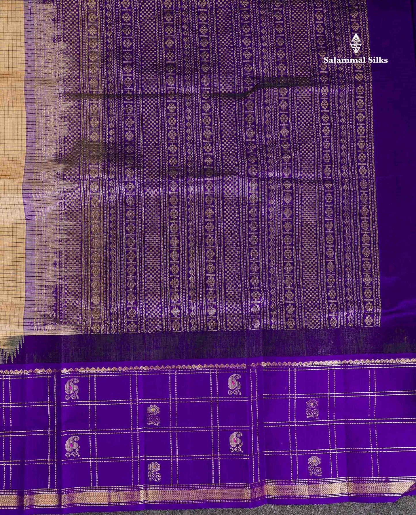 Pure Silk Cotton Saree - Cream Sandal Small Checks Along With Contrast Royal Purple Traditional Evening Morning Border