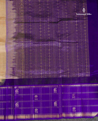 Pure Silk Cotton Saree - Cream Sandal Small Checks Along With Contrast Royal Purple Traditional Evening Morning Border