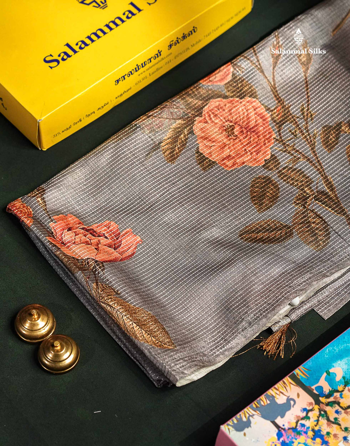 Semi Tussar Saree - Light Grey Vaira Oosi Lines Border Less  Floral Design Fancy Saree