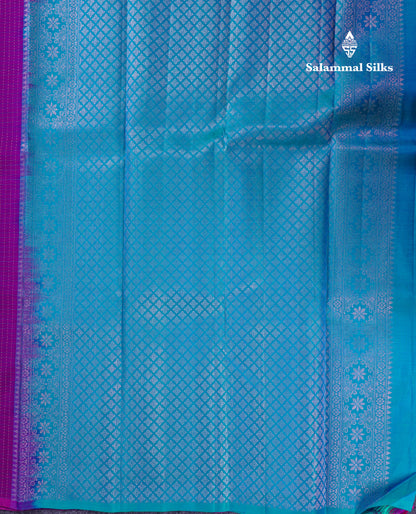 Beautiful Dark Purple Checks With Malli Moggu Butta Pure Kanjivaram Silk Saree With Contrast Sapphire Blue Blouse