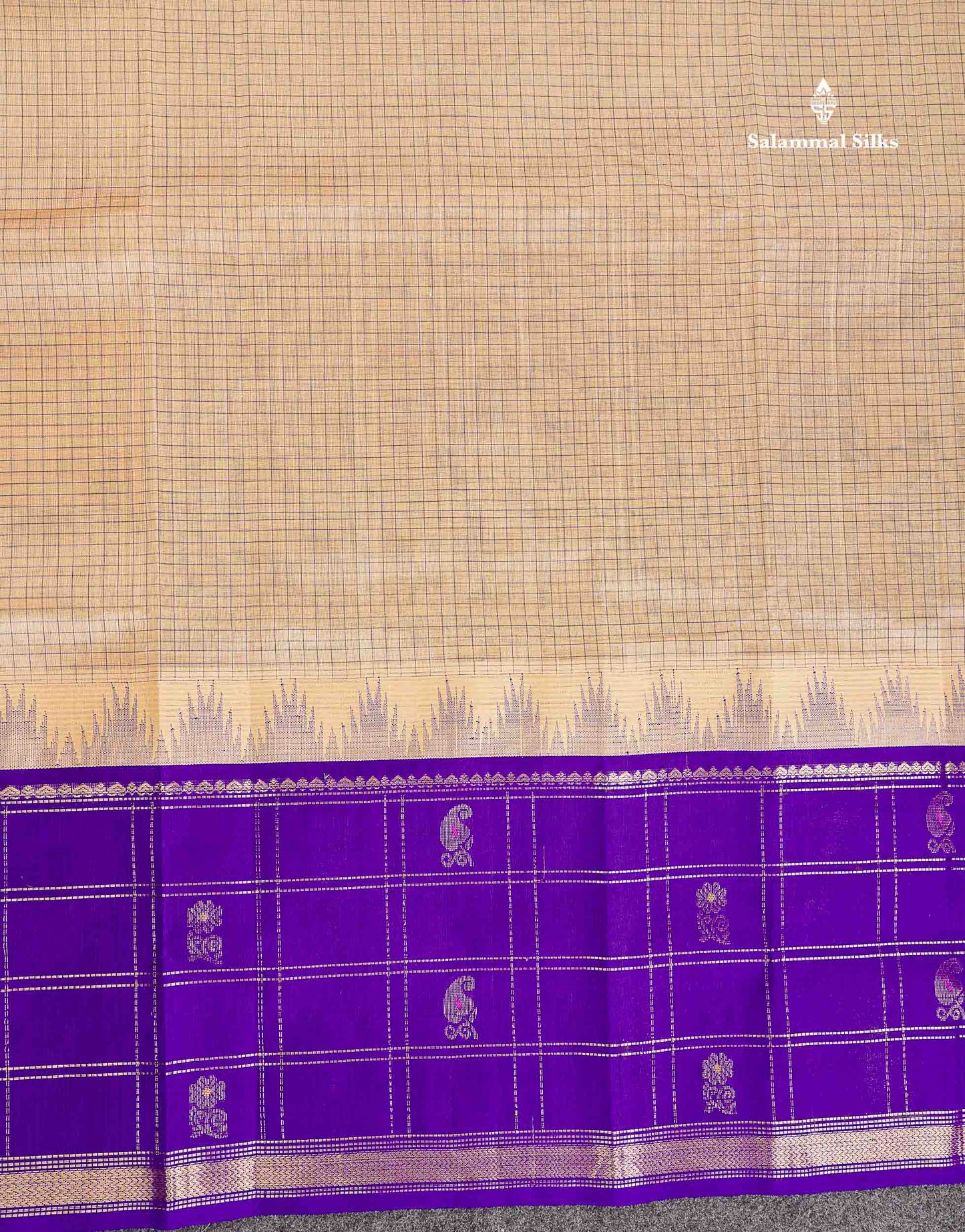 Pure Silk Cotton Saree - Cream Sandal Small Checks Along With Contrast Royal Purple Traditional Evening Morning Border