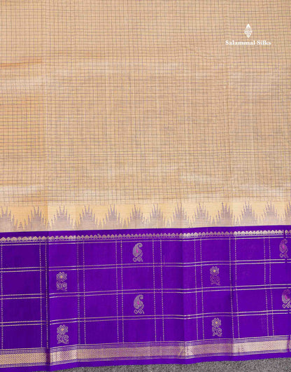 Pure Silk Cotton Saree - Cream Sandal Small Checks Along With Contrast Royal Purple Traditional Evening Morning Border