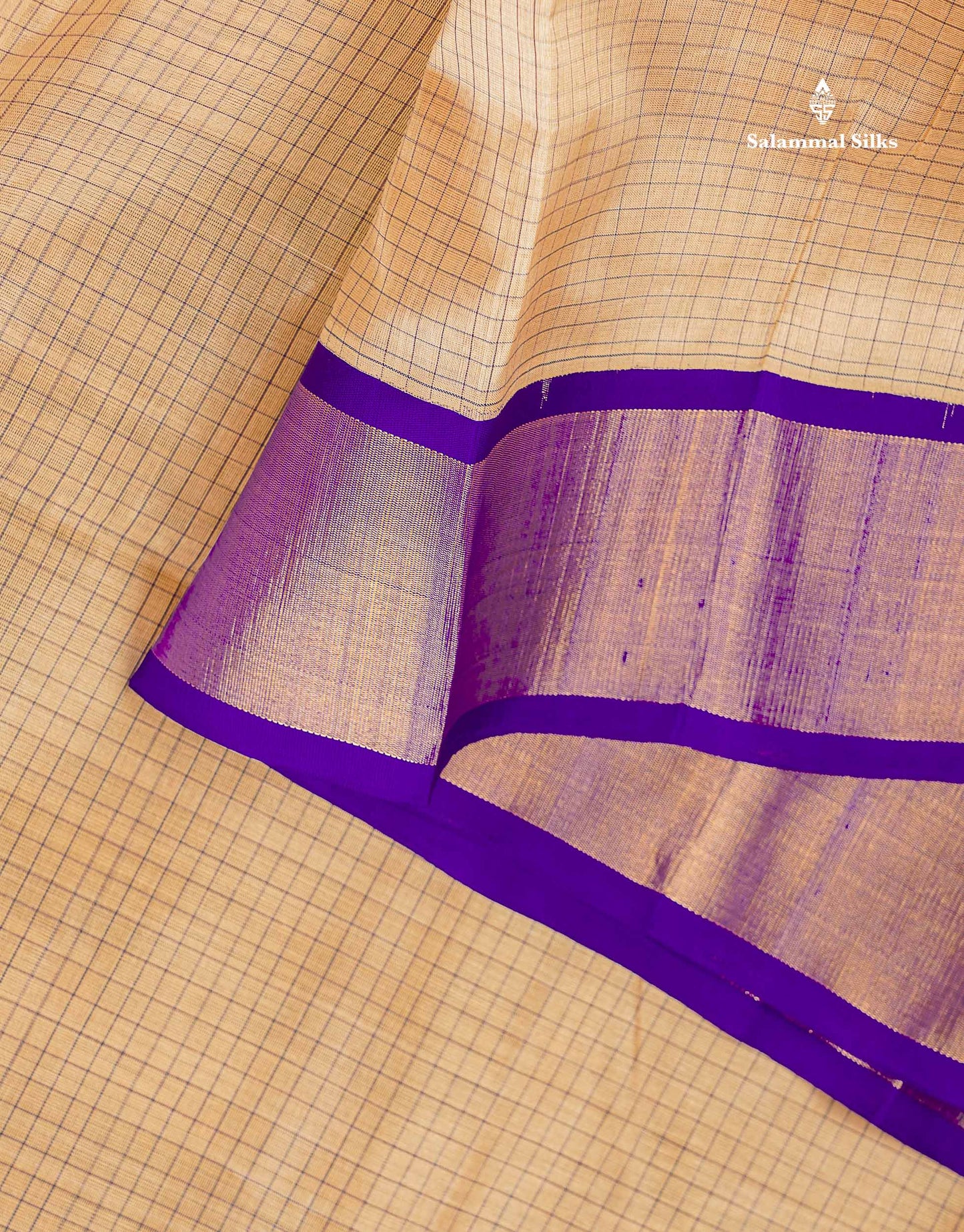 Pure Silk Cotton Saree - Cream Sandal Small Checks Along With Contrast Royal Purple Traditional Evening Morning Border
