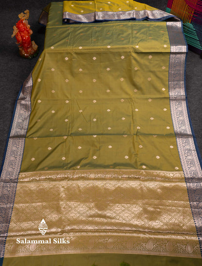 Beautiful Olive Green Semi Silk Saree With Contrast Peacock Blue Traditional Border