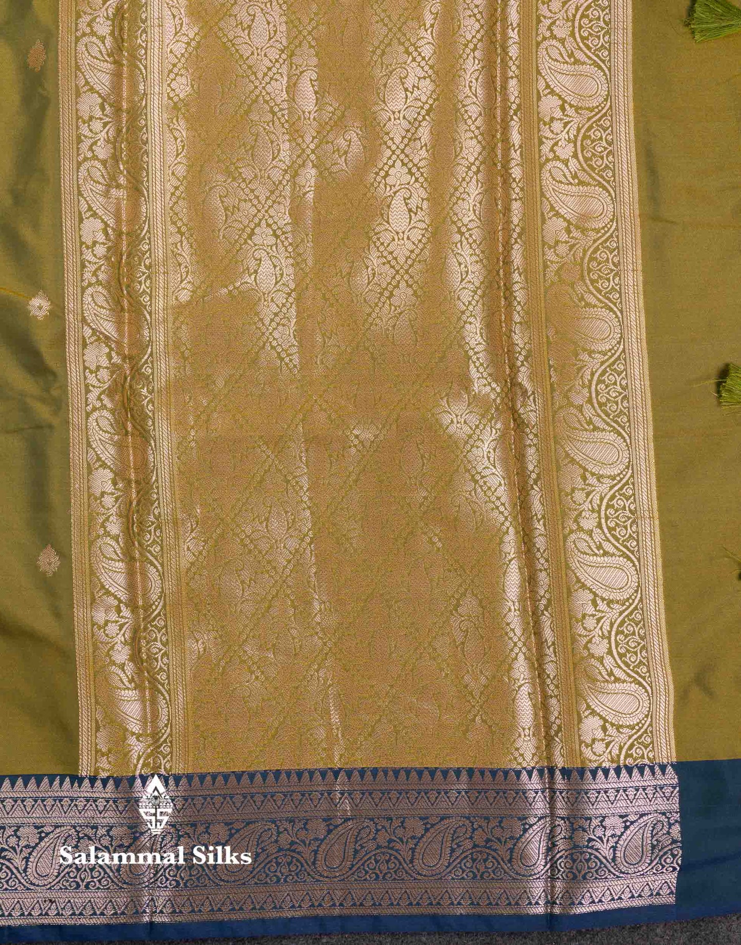 Beautiful Olive Green Semi Silk Saree With Contrast Peacock Blue Traditional Border