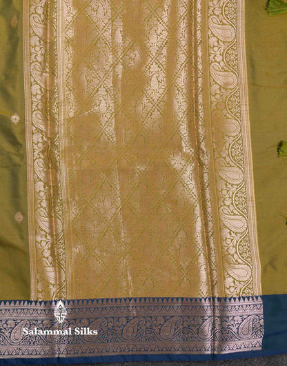 Beautiful Olive Green Semi Silk Saree With Contrast Peacock Blue Traditional Border