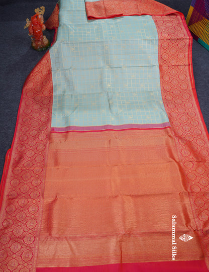Pastel Blue Zari Checks With Traditional Butta Bridal Pure Kanjivaram Silk Saree With Contrast Pinkish Orange Border