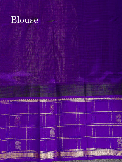 Pure Silk Cotton Saree - Cream Sandal Small Checks Along With Contrast Royal Purple Traditional Evening Morning Border