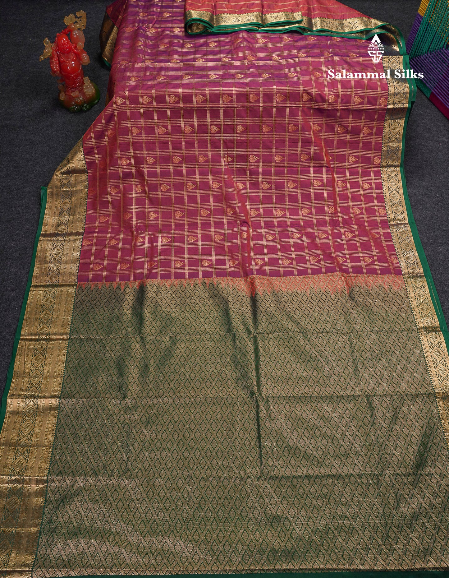 Beautiful Dark Magenta Checks With Butta Semi Silk Saree With Contrast Light Violet Traditional Evening Morning Border