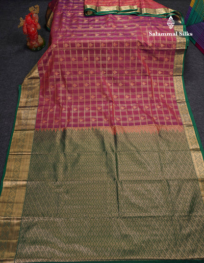Beautiful Dark Magenta Checks With Butta Semi Silk Saree With Contrast Light Violet Traditional Evening Morning Border