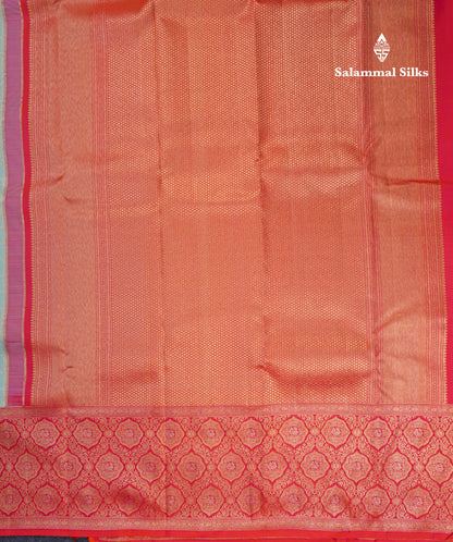 Pastel Blue Zari Checks With Traditional Butta Bridal Pure Kanjivaram Silk Saree With Contrast Pinkish Orange Border
