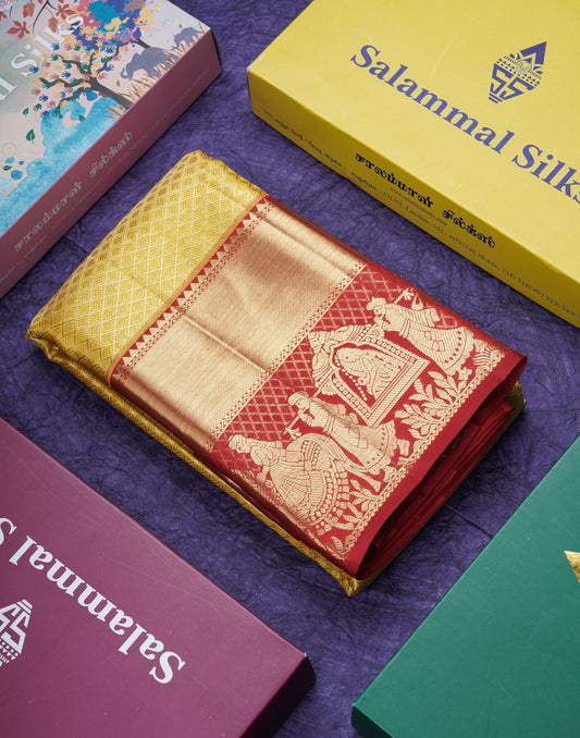 Beautiful Gold Colour Tissue Bridal Pure Kanjivaram Silk Saree With Contrast Reddish Maroon Pallaku Border