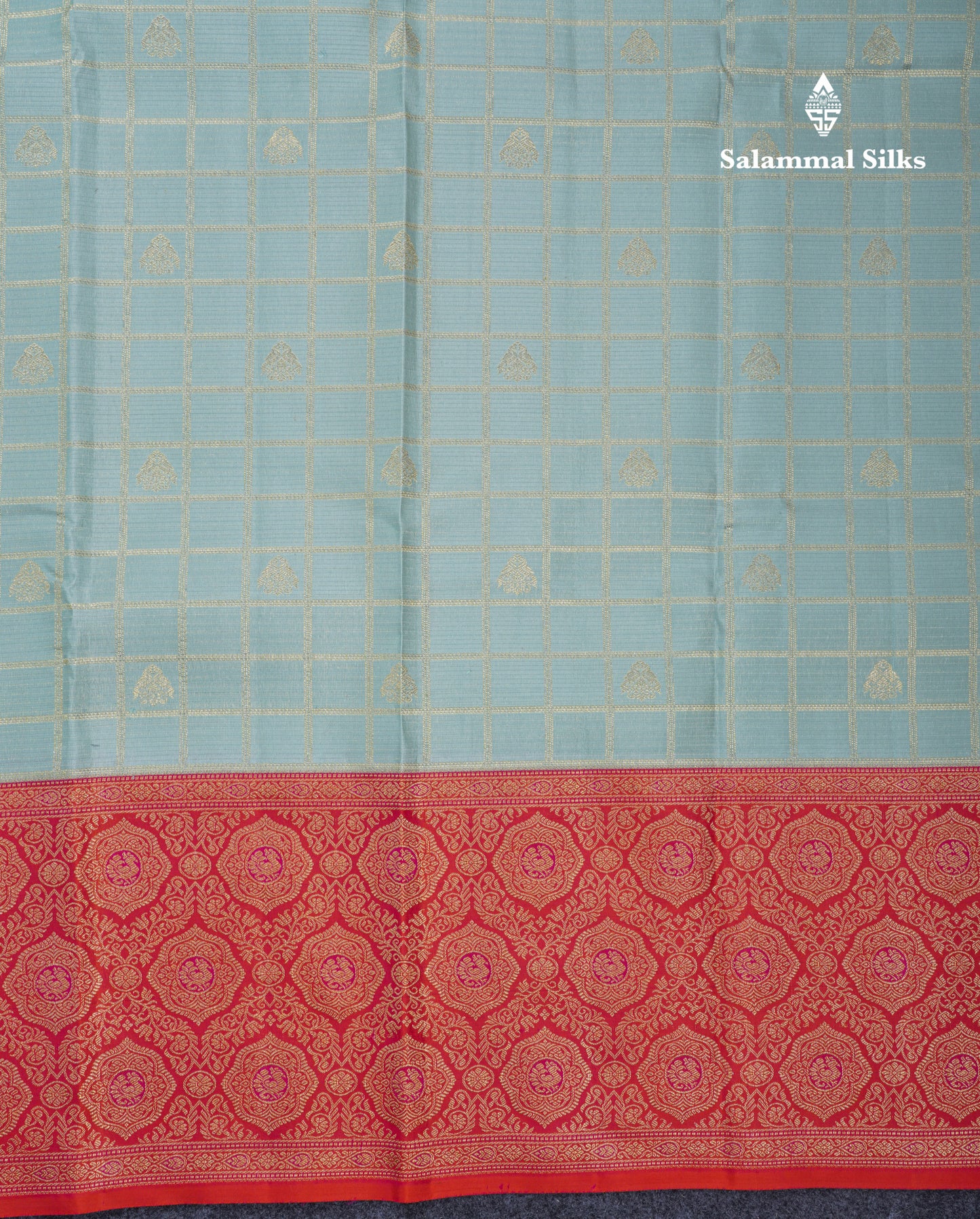 Pastel Blue Zari Checks With Traditional Butta Bridal Pure Kanjivaram Silk Saree With Contrast Pinkish Orange Border