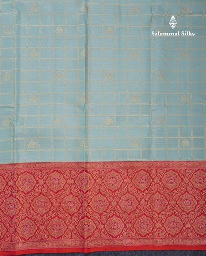 Pastel Blue Zari Checks With Traditional Butta Bridal Pure Kanjivaram Silk Saree With Contrast Pinkish Orange Border