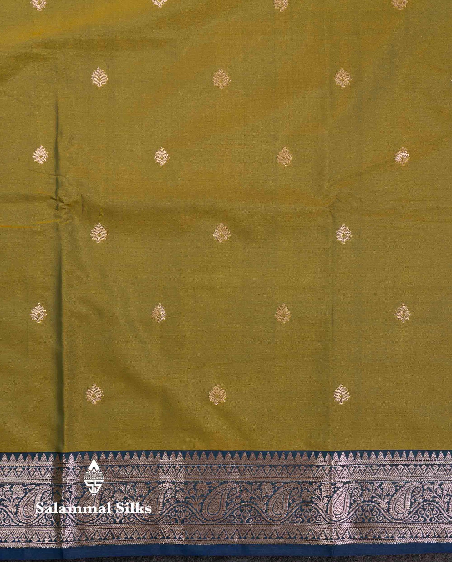 Beautiful Olive Green Semi Silk Saree With Contrast Peacock Blue Traditional Border