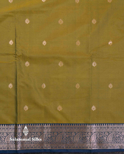 Beautiful Olive Green Semi Silk Saree With Contrast Peacock Blue Traditional Border