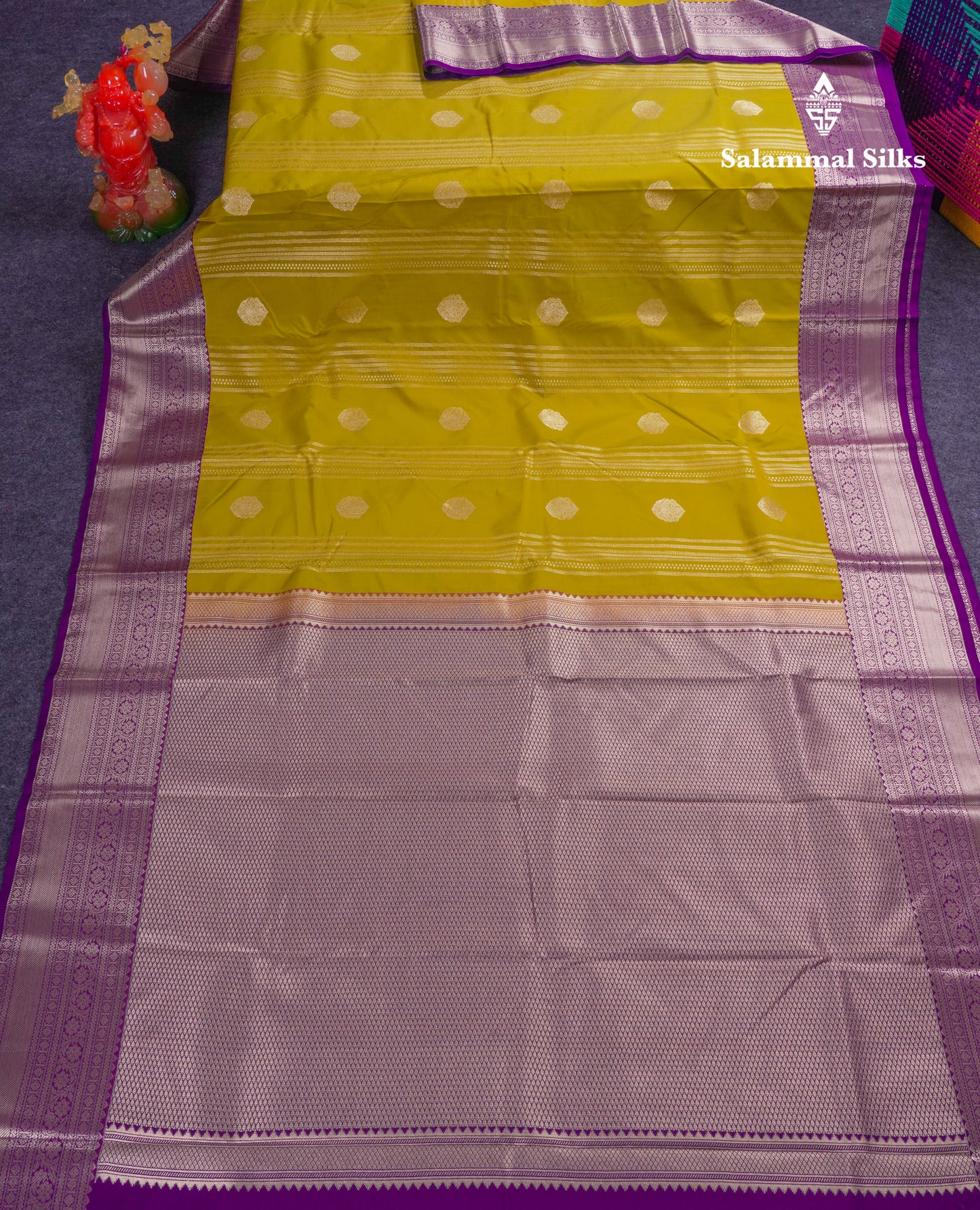 Beautiful Manthulir Yellow Semi Silk Saree With Contrast Dark Purple Traditional Border
