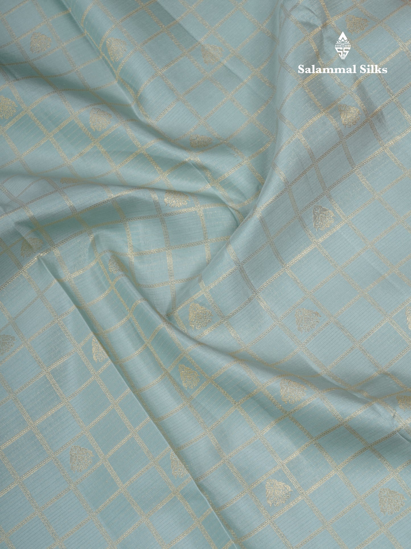 Pastel Blue Zari Checks With Traditional Butta Bridal Pure Kanjivaram Silk Saree With Contrast Pinkish Orange Border