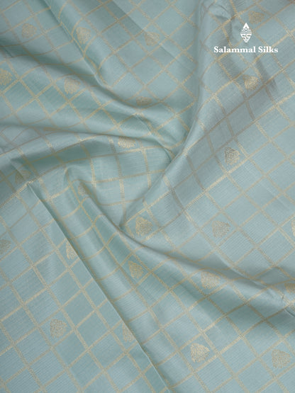 Pastel Blue Zari Checks With Traditional Butta Bridal Pure Kanjivaram Silk Saree With Contrast Pinkish Orange Border
